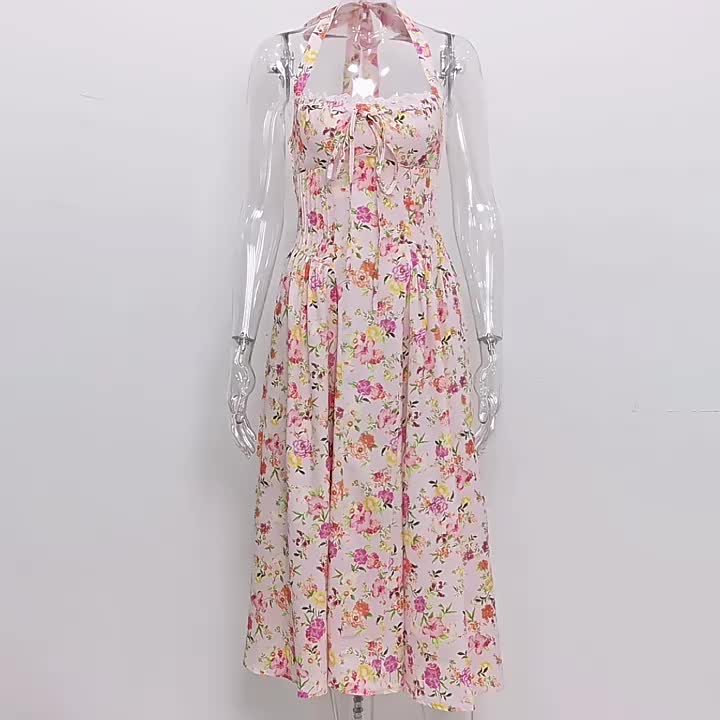 Corset Dress Floral Halter Lace Up Front Pleated Eyelet Trim Party Midi Dresses