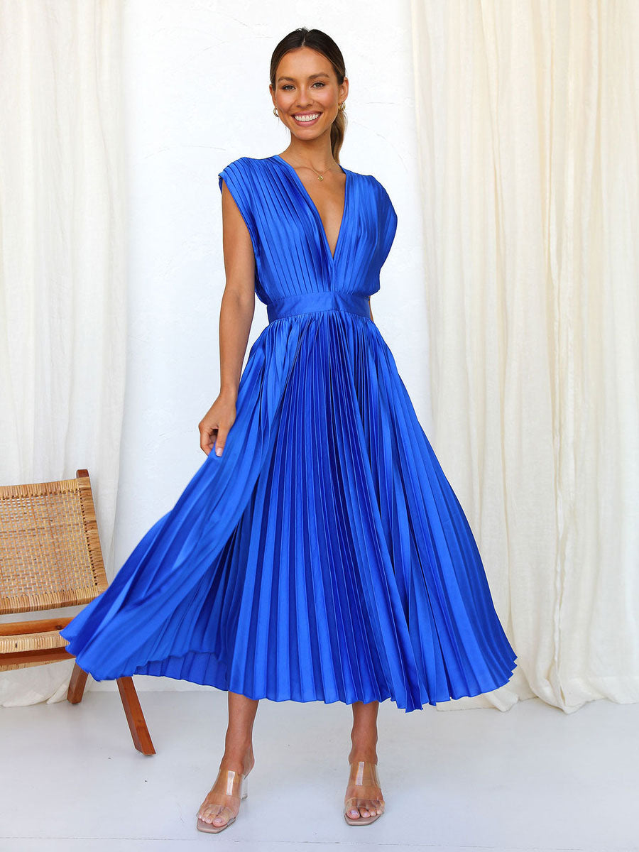 Midi Dress V-Neck Sleeveless Casual Oversized Pleated Party Dress