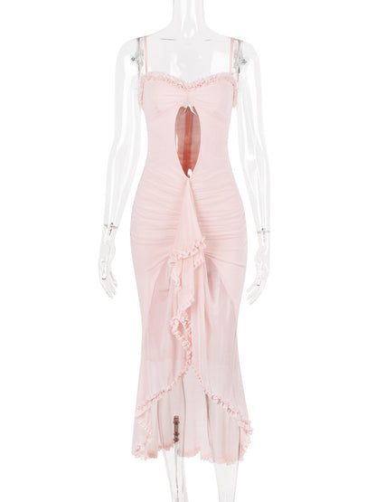 Pink Dress High-Low Cutout Spaghetti Strap Pleated Sexy Party Midi Dresses
