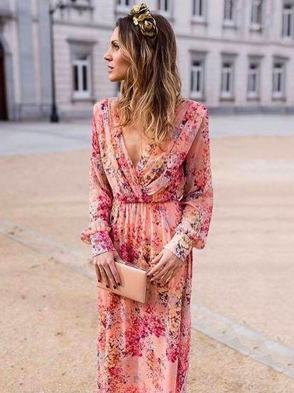 Maxi Dresses Long Sleeves Pink Printed V-Neck   Long Dress
