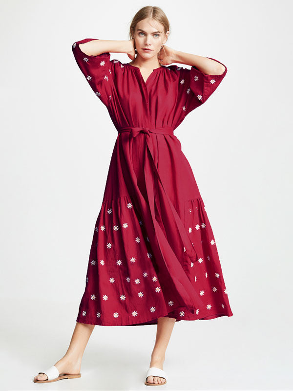 Boho Dress Burgundy V-Neck 3/4 Length Sleeves Embroidered Bohemian Gypsy Belted Beach Vacation Spring Summer Midi Dress For Women