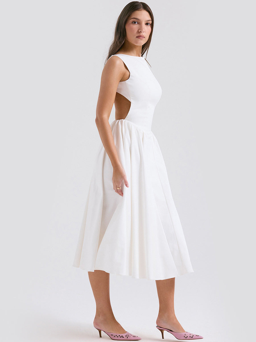 White Dress Boatneck Sleeveless Open Back Brunch Party Midi Dresses