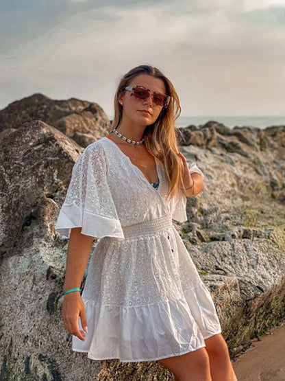 Boho Dress Lace V Neck Batwing White Flare Mini Dress for Women