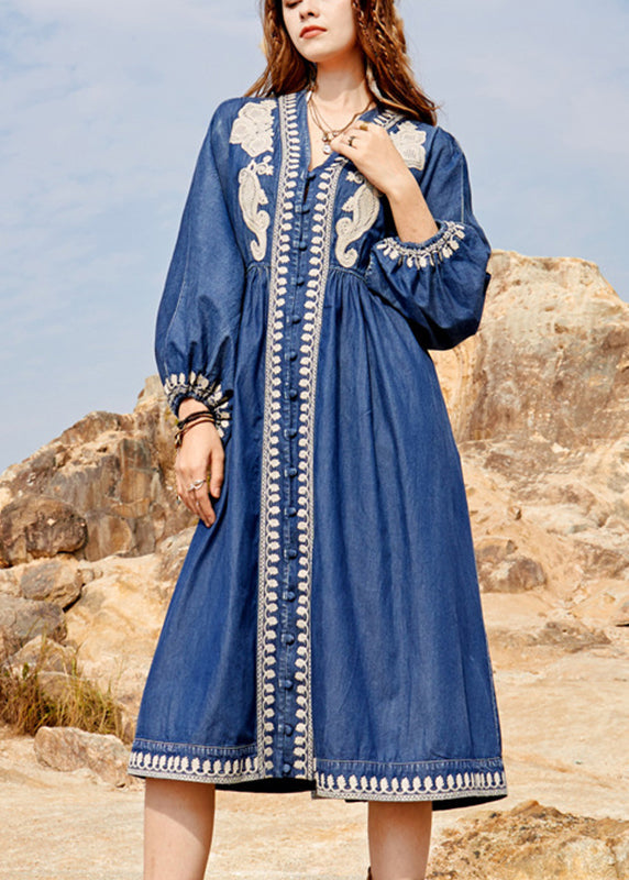 Women Navy V Neck Embroidered Patchwork Denim Maxi Dresses Spring