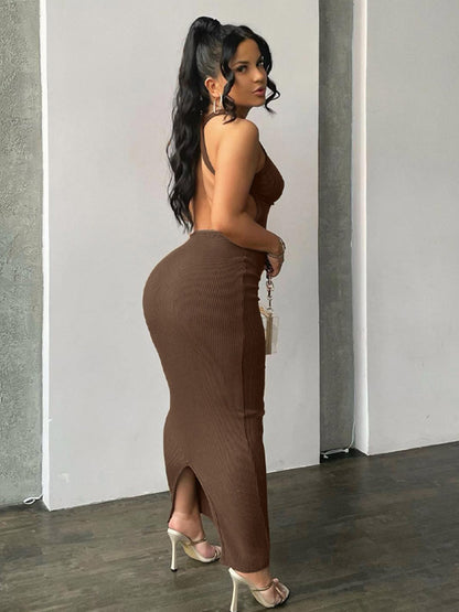 Ribbed Solid Hollow Out Backless Sleeveless Sexy Slit Mini Dress Bodycon 2024 Summer Women Outfits Elegant Party Y2K