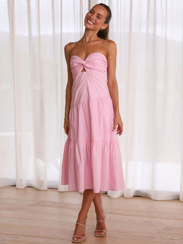 Summer Midi Dress Pink Strapless Cut Out Beach Dress