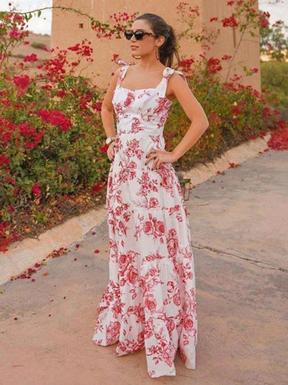 Maxi Dresses Sleeveless Red Floral Print Straps Neck Ruffles Layered Chiffon Long Dress