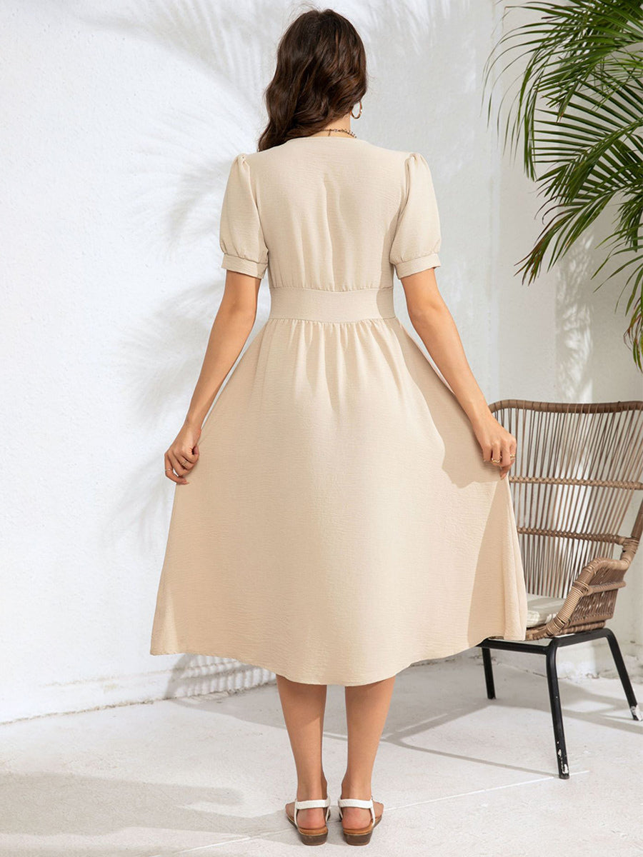 A-Line Dress Short Sleeves Buttons V-Neck Summer Casual Midi Dresses