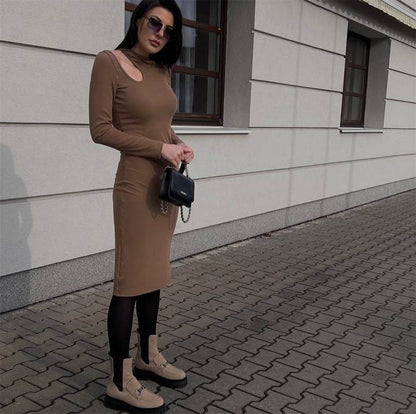 Women Hollow Out Cutout round Neck Tight Rib Dress Autumn Winter Sexy Base Slit Midi Dress Long Sleeve
