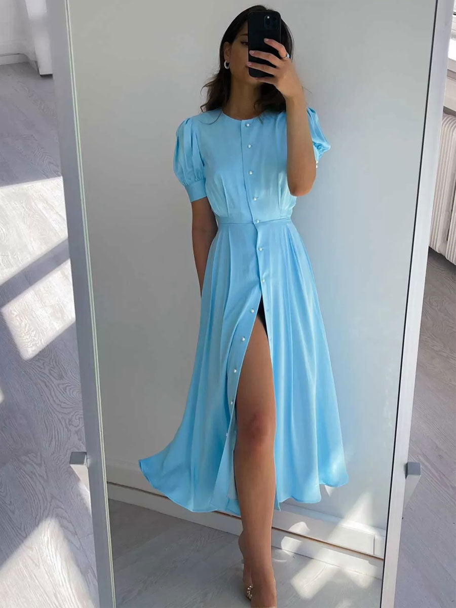 Buttons Fashionable Dress Jewel Neck Short Sleeves Midi Dress