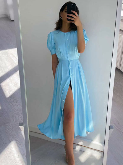 Buttons Fashionable Dress Jewel Neck Short Sleeves Midi Dress