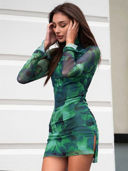 Tie-Dye Bodycon Dress Mock Neck Long Sleeves Slit Tulle Mini Dresses