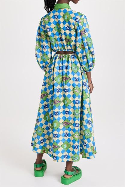 Geometric Patterns Puff Sleeve Cut-Out Midi Dress