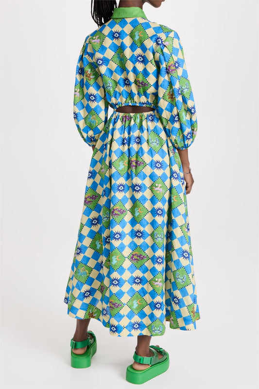 Geometric Patterns Puff Sleeve Cut-Out Midi Dress