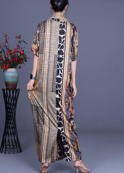 Boutique Khaki Print Overlapping asymmetrical design Silk Summer Maxi Dress