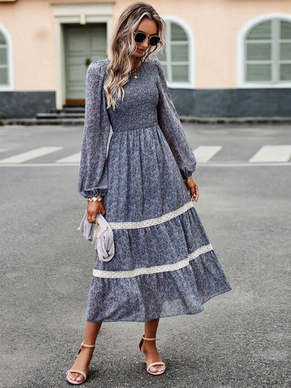 Floral Dress Layered Jewel Neck Long Sleeves Fall Midi Dress