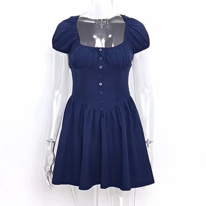 Short Dress Pleated Square Neck Puff Sleeves Graduation Party Mini Dresses