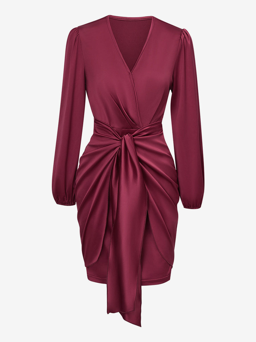 Bodycon Dresses Burgundy Long Sleeves Casual V-Neck Midi Dress