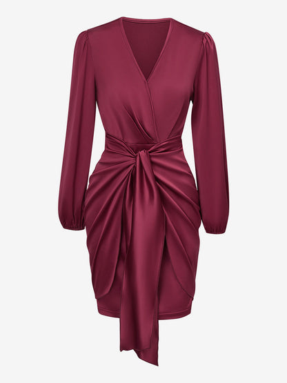 Bodycon Dresses Burgundy Long Sleeves Casual V-Neck Midi Dress