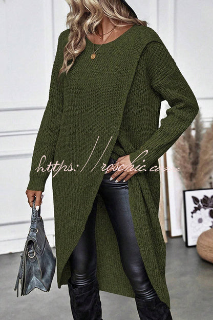 Essence Solid Wrap Hem Knitted Long Sleeve Midi Sweater