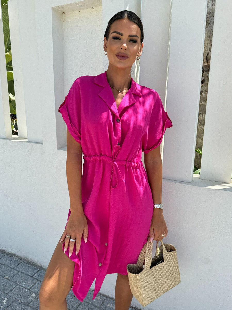 Shirt Dresses Black Turndown Collar Lace Up Short Sleeves Polyester Dresses Midi Dress