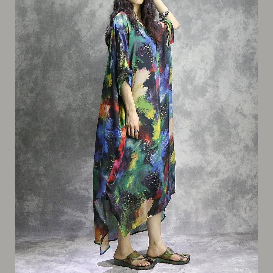 Natural v neck silk quilting clothes Plus Size Work Outfits prints Maxi Dress summer