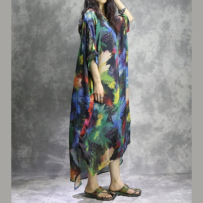 Natural v neck silk quilting clothes Plus Size Work Outfits prints Maxi Dress summer