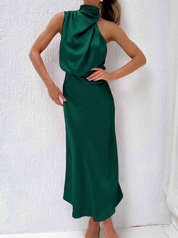 Sleeveless Solid Color Halter-Neck Midi Dresses