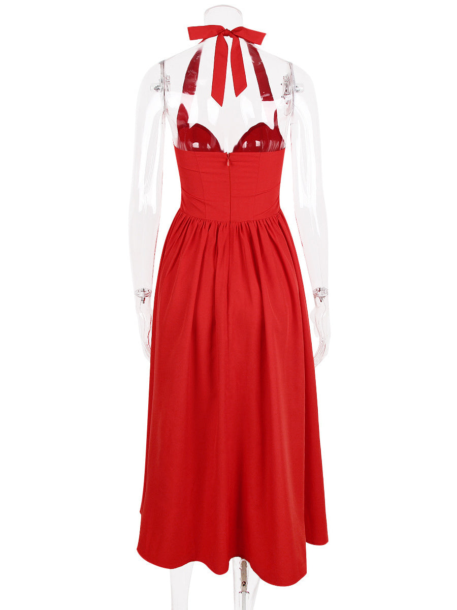 Corset Dress Halter Wide Strap Backless Party Midi Dresses In Solid Color