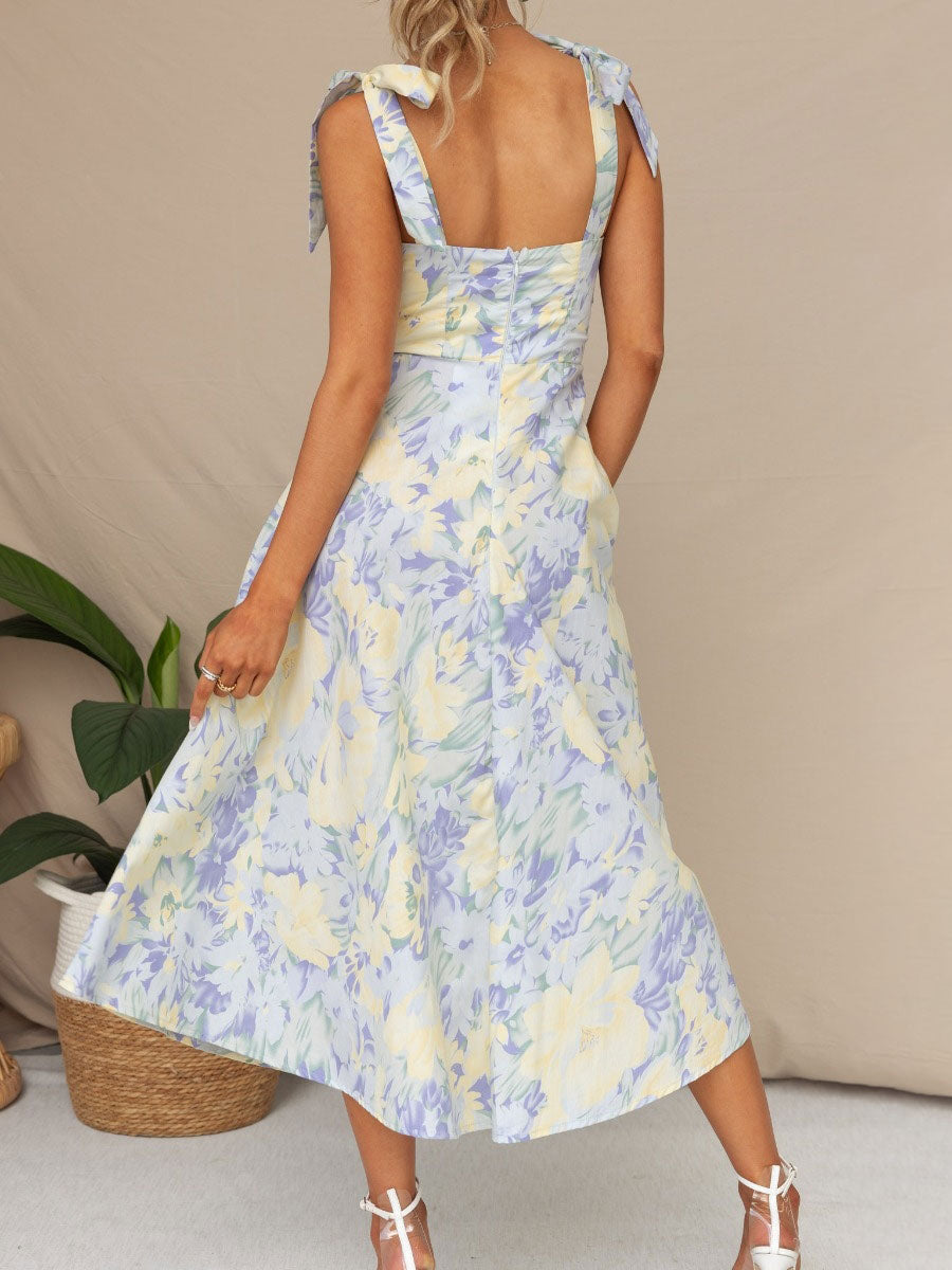Print Midi Dress Floral Sleeveless Sweetheart Neck Casual Lace Up Backless Summer Dresses