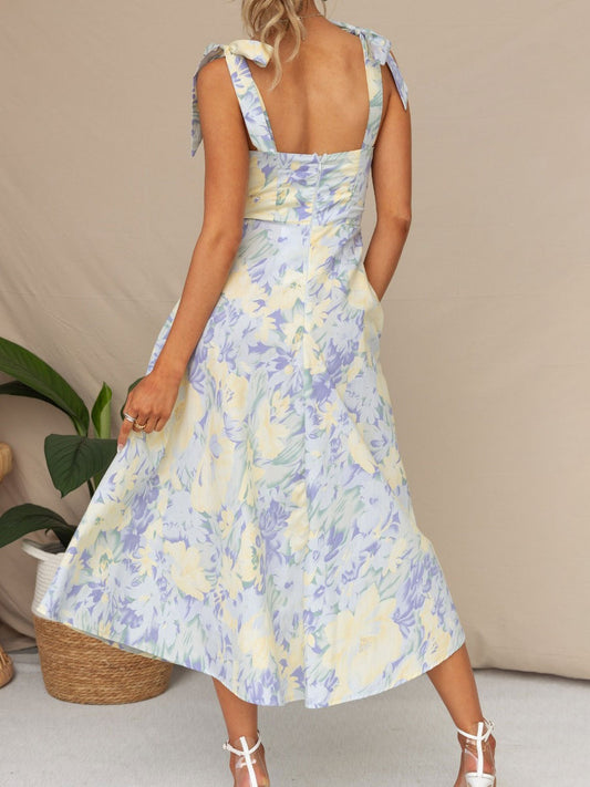 Print Midi Dress Floral Sleeveless Sweetheart Neck Casual Lace Up Backless Summer Dresses