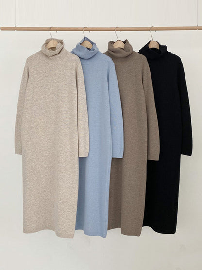 Casual Long Sleeves Loose Solid Color High-Neck Sweater Dresses