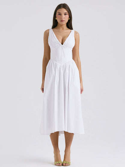 Sleeveless Dress Floral Pleated Knot Details Party Midi Dresses