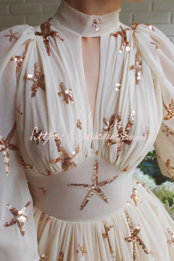 Grand Evening Chiffon Star Sequins Lantern Sleeve Party Maxi Dress