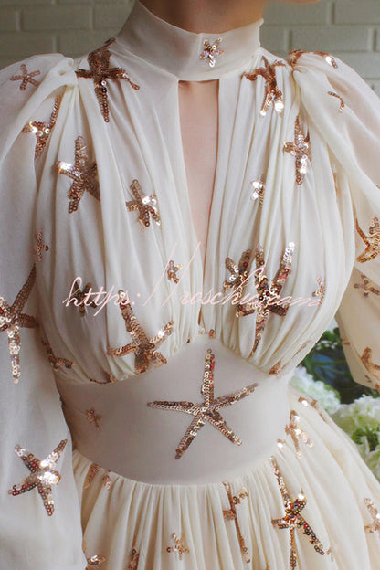 Grand Evening Chiffon Star Sequins Lantern Sleeve Party Maxi Dress