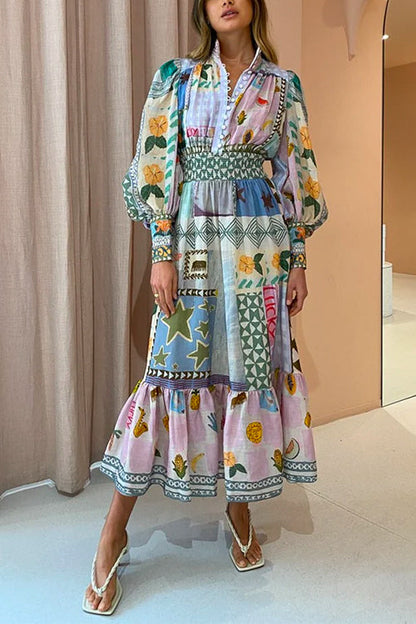 Puff Sleeves Smocked Waist Unique Printed Ruffle Maxi Dress