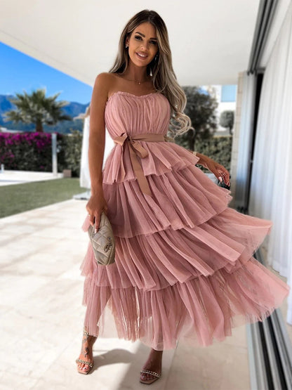 Tulle Ruffles Dress Off The Shoulder Layered Belted Party Maxi Dresses