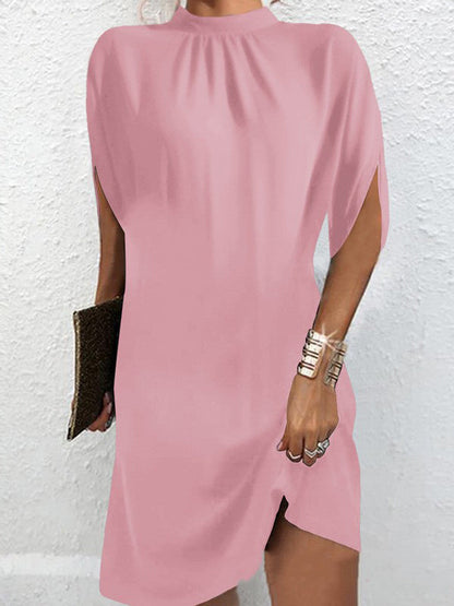 Loose Raglan Sleeve Solid Color Mock Neck Mini Dresses