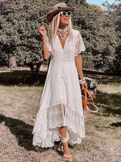 Maxi Dress V Neck Short Sleeves Lace Casual White Boho Dresses