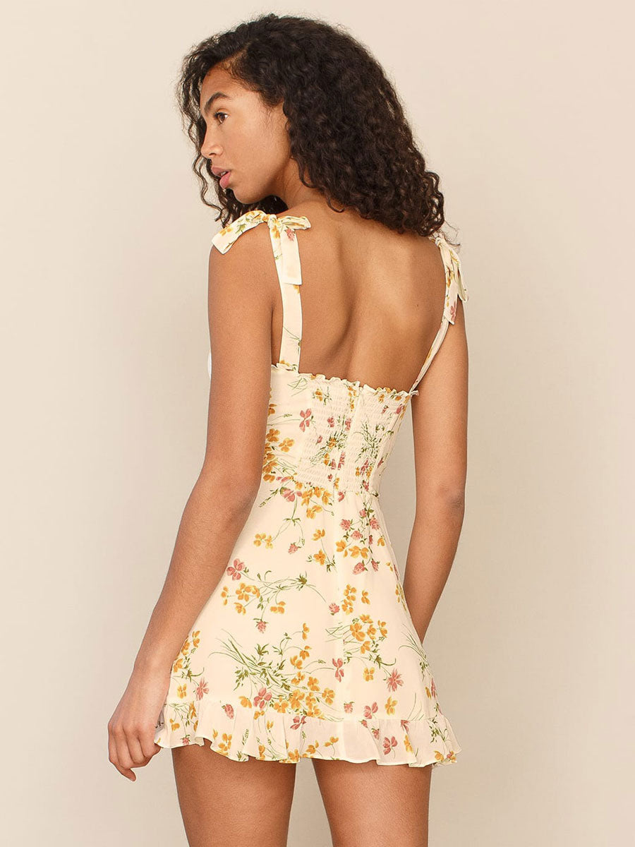 Mini Dresses Ecru White Floral Print Sleeveless Chiffon Short Dress