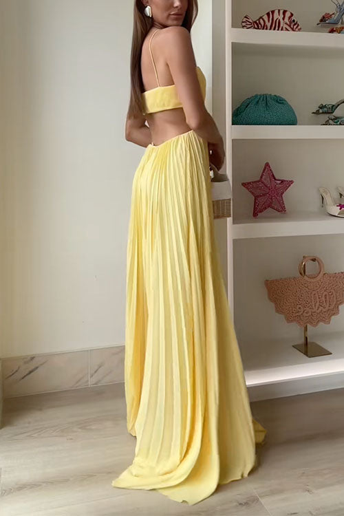 Spaghetti Strap Back Cut Out Pleated Maxi Dress