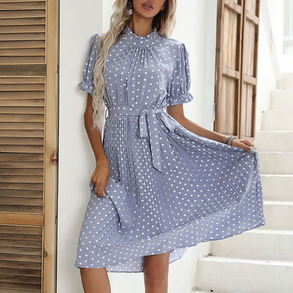 Polka Dot Round Neck Pleated Midi Dress in Multiple Colors