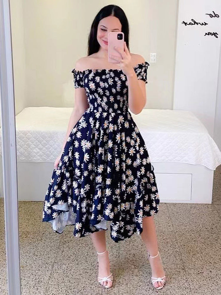 Handkerchief Dress Smocked Floral Off The Shouder Summer Midi Dresses