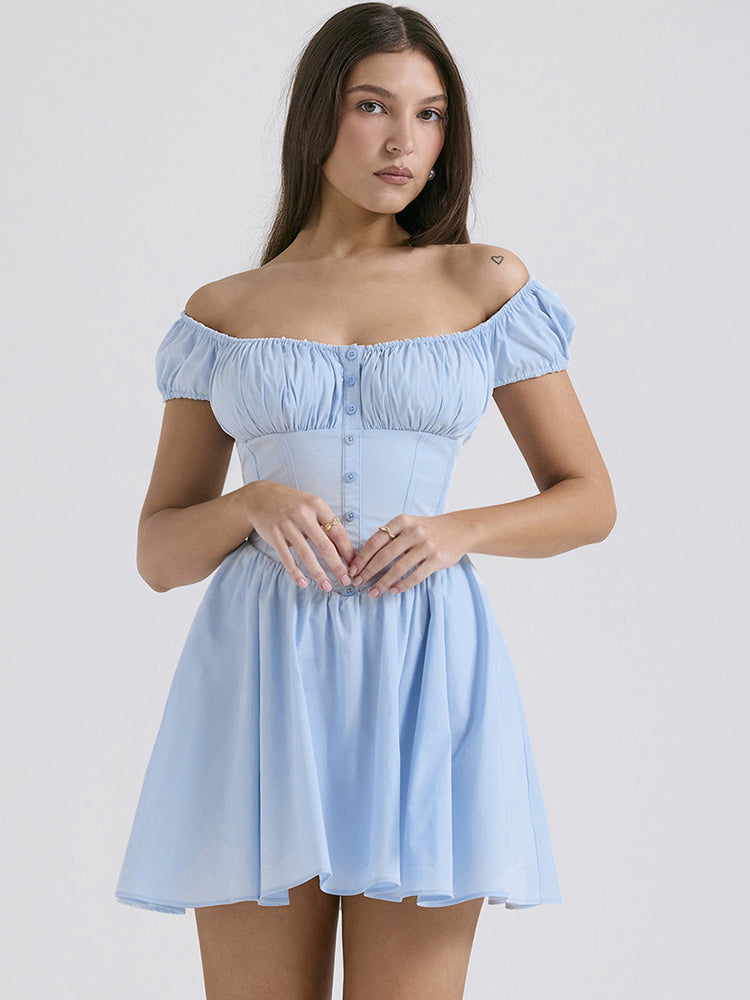 Short Dress Pleated Square Neck Puff Sleeves Graduation Party Mini Dresses