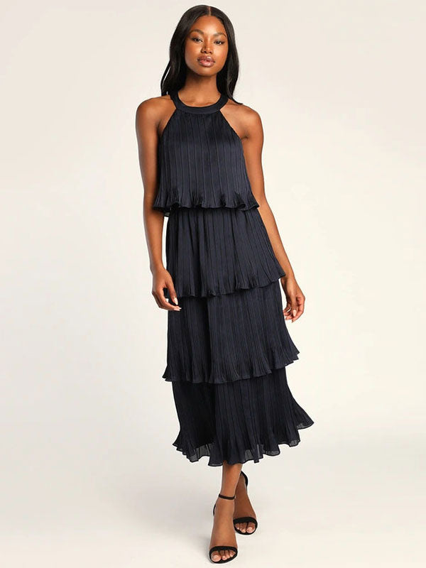 Layered Dress Halter Round Neck Sleeveless Graduation Party Midi Dresses