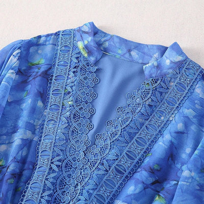 V-Neck Flare Sleeve Lace Floral Print Summer Dress