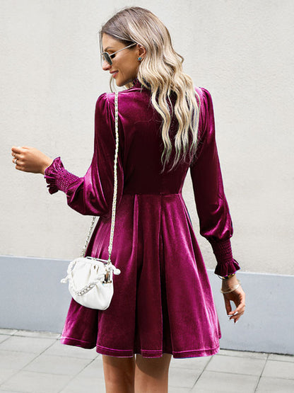 Velvet Dress Burgundy High Collar Long Sleeves Fall Mini Dresses