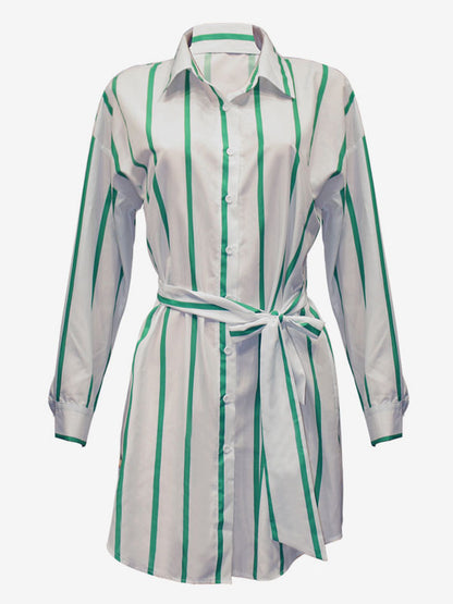 Shirt Midi Dress Green Turndown Collar Lace Up Long Sleeves Stripes Dresses