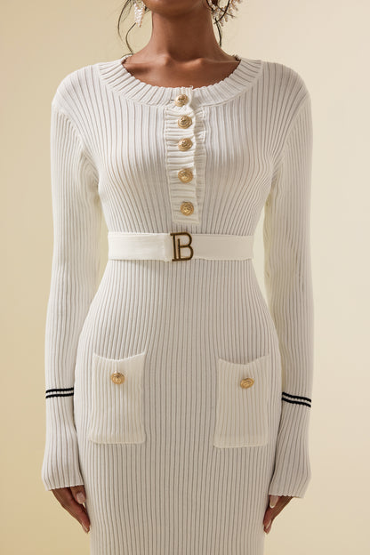 Metal Button Jersey Long Sleeve Midi Dress
