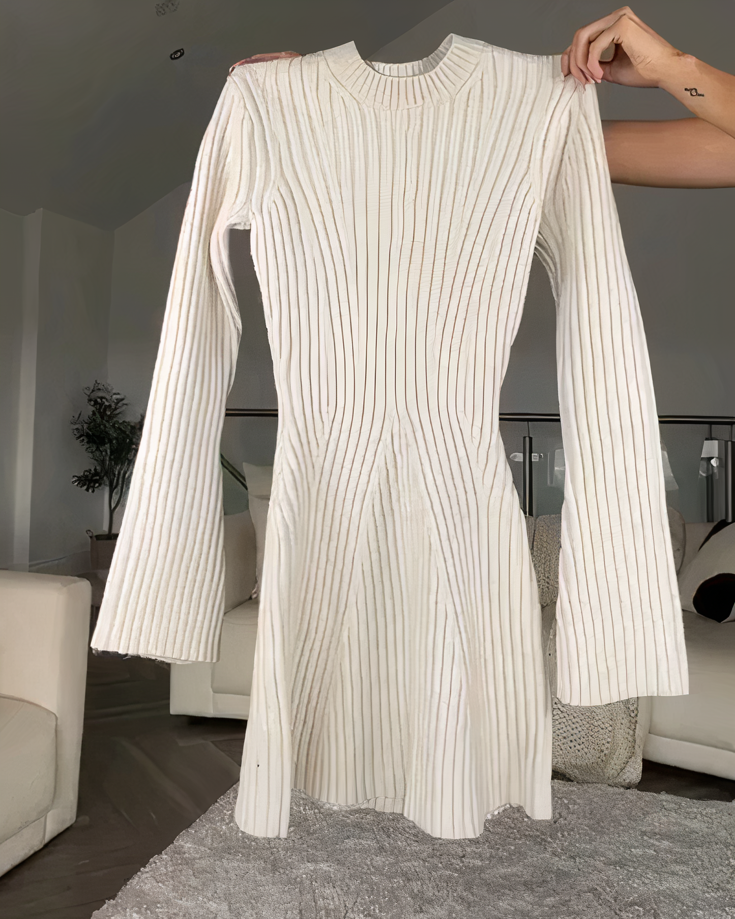 High Neck Rib Knit Long Sleeve Contoured Bodycon Knit Dress
